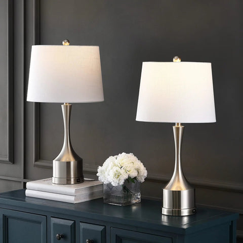 26 Inch Nickel Table Lamp Set Of 2 With USB Charging Ports, French Country Bedside Lighting For Living Room Or Bedroom, White Linen Shade, LED Bulbs Included