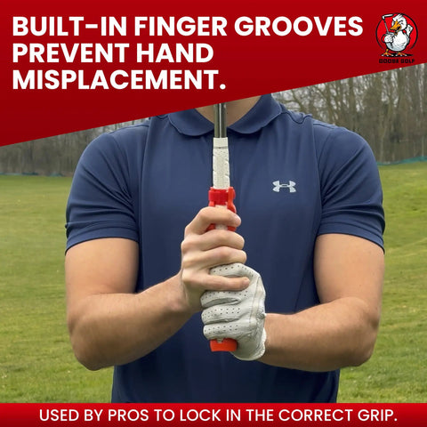 Golfer using Grip Trainer For Golf Pro Designed Training Aid For Correct Hand Position And Consistent Practice with red grooves