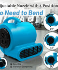 Air Mover Blower Fan 280W 1/2 HP Copper Motor Delivers 2500 CFM for fast carpet and floor drying, shown with adjustable nozzle.
