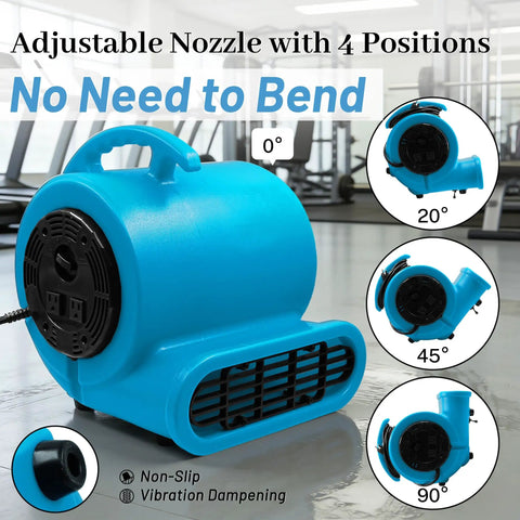 Air Mover Blower Fan 280W 1/2 HP Copper Motor Delivers 2500 CFM for fast carpet and floor drying, shown with adjustable nozzle.