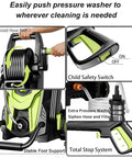 Powerful 4500 PSI pressure washer with 3.2 GPM, organized hose reel, child safety switch, and total stop system features.