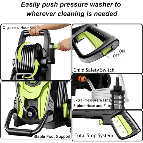 Powerful 4500 PSI pressure washer with 3.2 GPM, organized hose reel, child safety switch, and total stop system features.