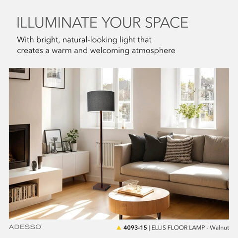 Walnut Rubberwood Floor Lamp With Grey Fabric Drum Shade 58.5 Inch Tall 3 Way Adjustable Brightness in cozy living room decor