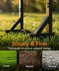 Freestanding Heavy Duty Garden Hose Holder Stand With Rustproof Steel Build, stable base on lawn surface showing sturdy design.