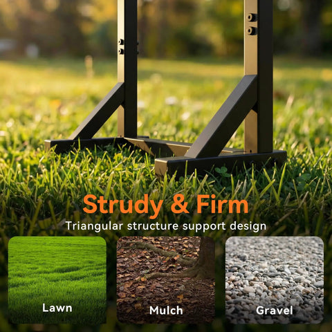 Freestanding Heavy Duty Garden Hose Holder Stand With Rustproof Steel Build, stable base on lawn surface showing sturdy design.