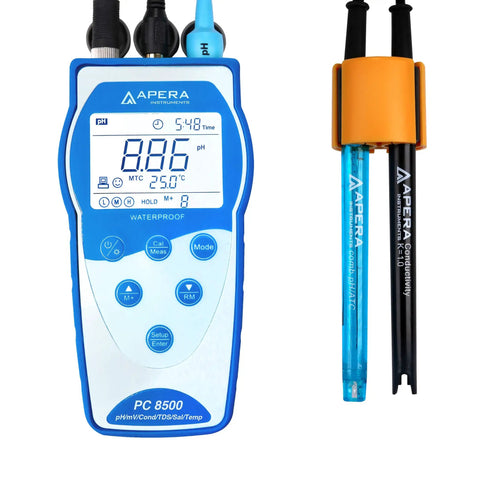 Premium Series PC8500 Portable Handheld PH And Conductivity Meter Kit for field testing, showing LCD display and electrodes