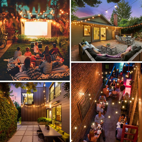 200ft Outdoor G40 LED Globe String Lights With 103 Bulbs, illuminating various outdoor spaces like a backyard cinema, patio, and alleyway cafe.