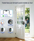 Zero Drama Fingerprint Keypad Smart Door Knob With Snappy Bluetooth Link And Solid Matte Black Housing For Pure Easy Keyless Entry Outside Your Front Door Every Single Day featured on a white door with a couple outside.