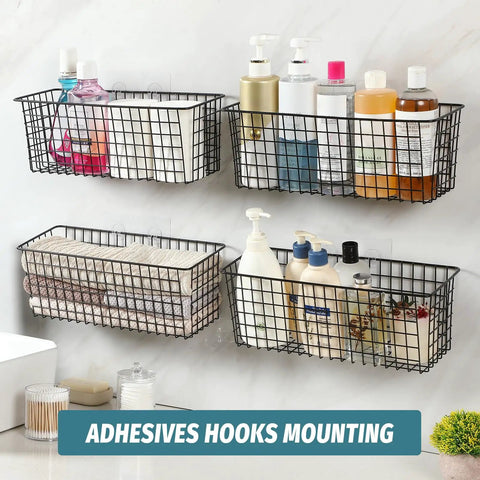 Extra Large Hanging Wall Mount Storage Baskets 4 Pack Sleek Black Wire Metal Organizer With Adhesive And Steel Hooks Badass Durability Zero Hassle Setup For Kitchen Bathroom Pantry And Utility Spaces