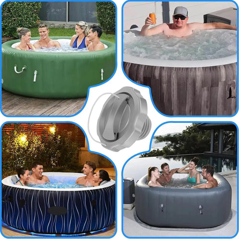 One Way Air Valve Cap for Inflatable Spas and Hot Tubs with people enjoying spas in various settings