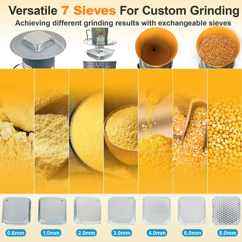 Electric Grain Mill Grinder With Seven Grinding Sieves And 15.8 Gallons showcasing sieve options and grain textures for home or farm use.