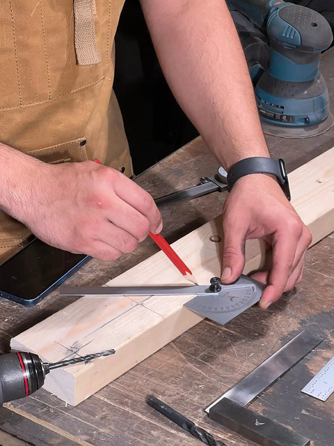 Person using Rock Solid Stainless Steel Angle Protractor Square Head Double Zero To One Eighty Degree Scale on wood.