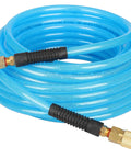 Reinforced Polyurethane Air Hose 3/8" Inner Diameter by 50' Long, Flexible, Heavy Duty Air Compressor Hose with Bend Restrictor, 1/4" Swivel Industrial Quick Coupler and Plug, Blue coiled with brass ends