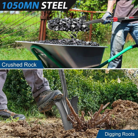 Heavy Duty Drain Spade With Narrow Serrated Blade For Cutting Roots And Digging 44 Inch Garden Shovel in use for root removal