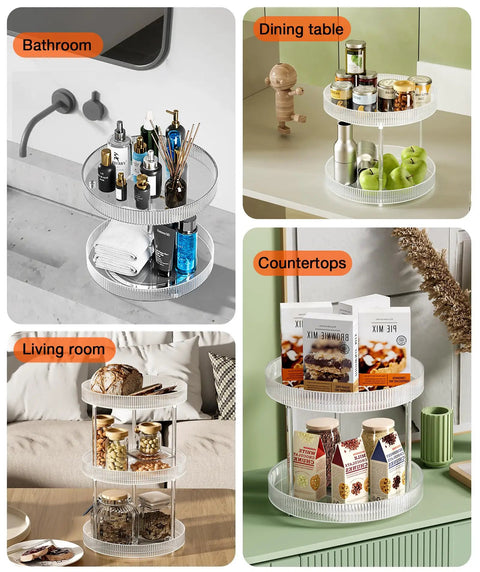3 Tier Lazy Susan Bathroom Countertop Organizer With 360 Degree Rotating Clear Tray for various home settings.