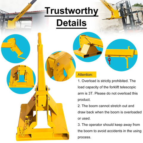 Built Like A Tank Forklift Telescopic Boom 3 Ton 12.8 Ft Extension Rack with safety details and adjustable tilt features.