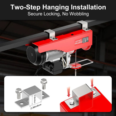Heavy Duty 110 Volt Electric Hoist Winch With 2200 Lb Capacity, showcasing two-step hanging installation for secure mounting.