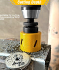 Bi-Metal Hole Saw Kit 7-Piece Set with Mandrels and Bits cutting metal surface; 51mm blade shown in use