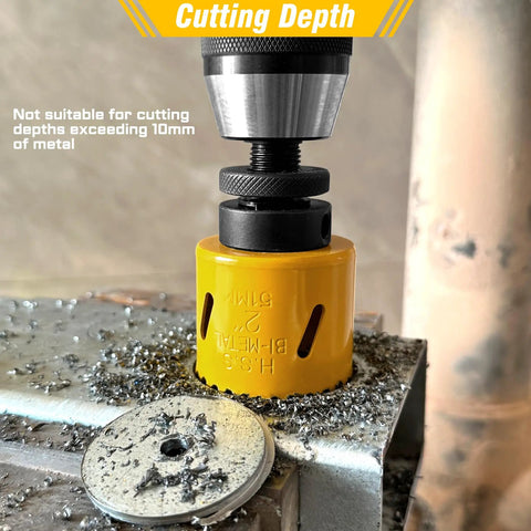 Close-up of yellow hole saw bit cutting into metal, part of Multi Function Wood Drill Bit Set With Hole Saw Kit Three Quarters Inch To Six Inch