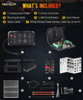 Contents of Five Point Five Inch RGB Eight Gang Switch Panel kit including switches, control box, manual, and accessories.
