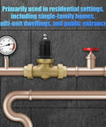 NR3XL pressure reducing valve, brass body, 1-1/4 in NPT, mounted on copper pipe with black cap and gauge visible.