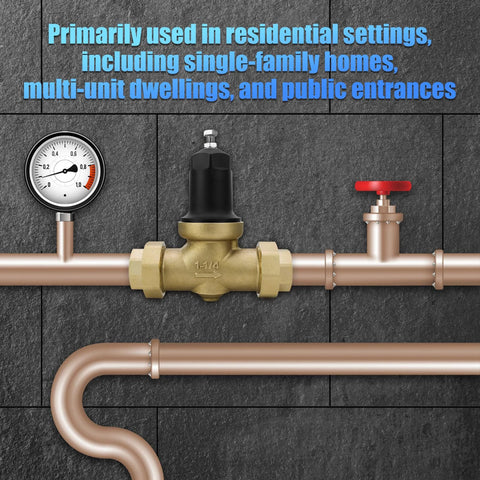 NR3XL pressure reducing valve, brass body, 1-1/4 in NPT, mounted on copper pipe with black cap and gauge visible.