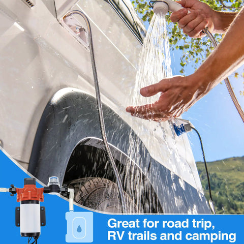 Rotating One Half Inch RV Water Pump Fittings Kit With 360 Degree Swivel Elbow And Straight Barb Adapter One Half Inch Female NPT PEX Compatible Comes With Thread Seal Tape For Leak Free Water Strainer Connection on RV hose hookup