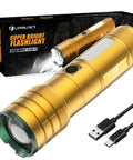 Rechargeable Ultra Bright LED Flashlight With Beast Mode Long Range And Adjustable Focus, gold color, USB-C cable.