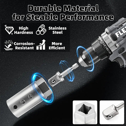Heavy Duty Trailer Jack Drill Adapter Kit For One Inch Jack Drive Shafts With Dual Half Inch Socket Bits. Stainless steel construction.