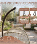 Indoor Outdoor Wicker Hanging Egg Chair With Stand Cozy Patio Swing Hammock Egg Shell Chair With Cushions 350 Lb Capacity Sturdy Porch Swing For Backyard Balcony Beige frame close-up with secure welds.