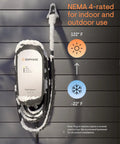 Slick Smart Home Ready 32 Amp Hardwired Level Two Electric Vehicle Charger With Wifi Controls on a wall, snow-covered, indicating winter use.