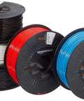 Top Shelf PLA 3D Printer Filament At 1.75mm, Five Pack Assorted Colors, One KG Per Spool, visible spools in black, white, red, and blue.