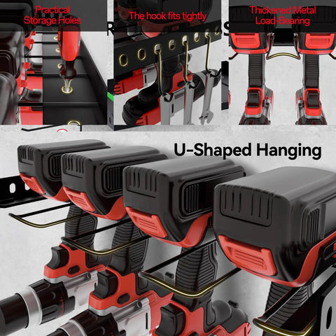 Power Tool Organizer Wall Mount Two Tier Storage Rack For Garage And Home Shop with side hooks and tool holders