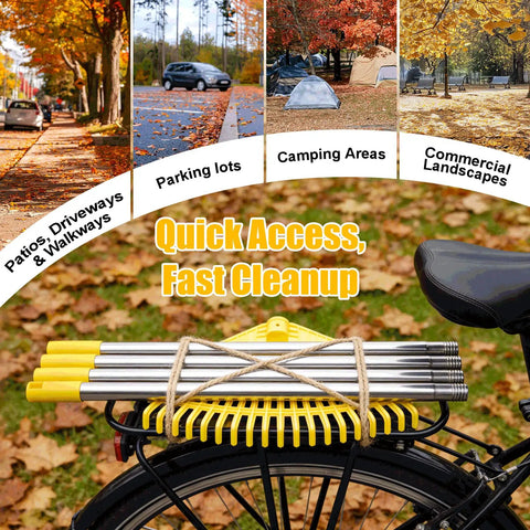 Unbreakable Nylon Leaf Rake With 16.5 Inch Wide Head And 45 Inch Long Handle strapped to bike for versatile outdoor use