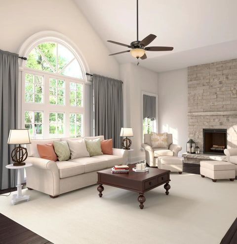Top Tier 52 Inch Indoor Ceiling Fan With Bright Integrated Led Lighting And Easy Pull Chain Setup For Reliable Airflow in a modern living room.