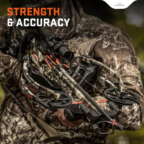 Hunter holding a camo crossbow with Pack Of Six 20 Inch Carbon Crossbow Arrows 400 Grains 0.004 Inch Straightness visible