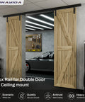 Ceiling Mount Box Rail Barn Door Hardware Kit For Double Doors installed in a garage, showing wooden doors on aluminum tracks.