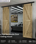 Ceiling Mount Box Rail Barn Door Hardware Kit For Double Doors installed in a garage, sliding track system, wood doors