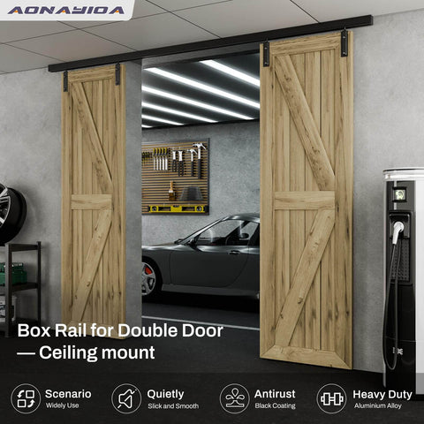 Ceiling Mount Box Rail Barn Door Hardware Kit For Double Doors installed in a garage, sliding track system, wood doors