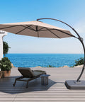 11 Ft Deluxe Cantilever Outdoor Umbrella With Base Included Heavy Duty Rotating Offset Patio All Weather Shade Beige on deck