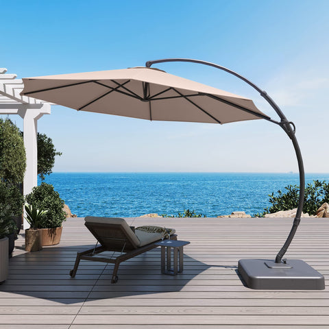 11 Ft Deluxe Cantilever Outdoor Umbrella With Base Included Heavy Duty Rotating Offset Patio All Weather Shade Beige on deck