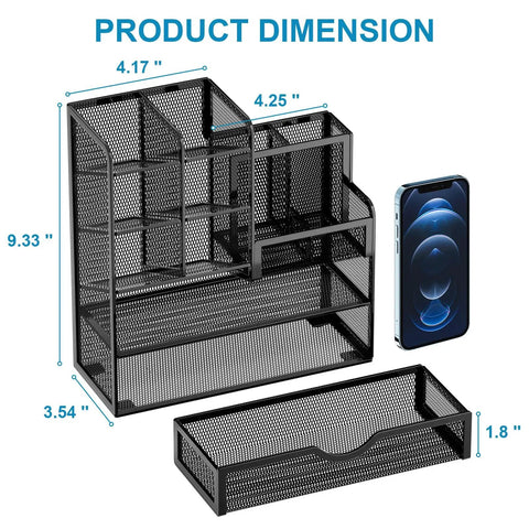 Mesh Pen Holder Desk Organizer With Drawer Ultra Versatile Pencil Organizer And Office Supplies Caddy with dimensions and smartphone for scale.
