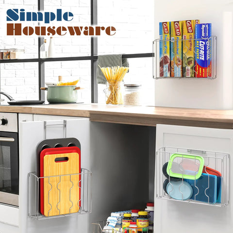 Two Pack Over The Cabinet Door Organizer Holder Set with wall mount basket and over the door shelf in silver finish.