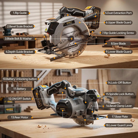 Image showing Six And A Half Inch Cordless Circular Saw Delivers Badass Cutting Force Through Double Four Ah Power Packs features and parts.
