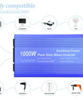 Pure Sine Wave Inverter DC 12V To AC 110V 1000W Rated 2000W Surge showing compatibility with multiple devices like phone, computer, and fan.