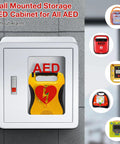 Rock Solid Steel Wall Mount AED Cabinet With No Fuss Snap Lock Door And Clear Acrylic Panel For Quick Grab Emergency Access Compatible With All Major Defib Brands Built To Handle Any Public Spot, showing yellow AED inside.