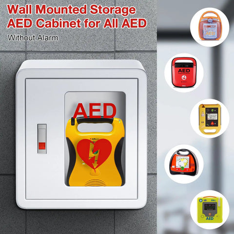 Rock Solid Steel Wall Mount AED Cabinet With No Fuss Snap Lock Door And Clear Acrylic Panel For Quick Grab Emergency Access Compatible With All Major Defib Brands Built To Handle Any Public Spot, showing yellow AED inside.