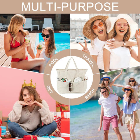 Collage highlighting waterproof beach tote bag for women dope ultra roomy extra large carry on with wet compartment, perfect for travel.