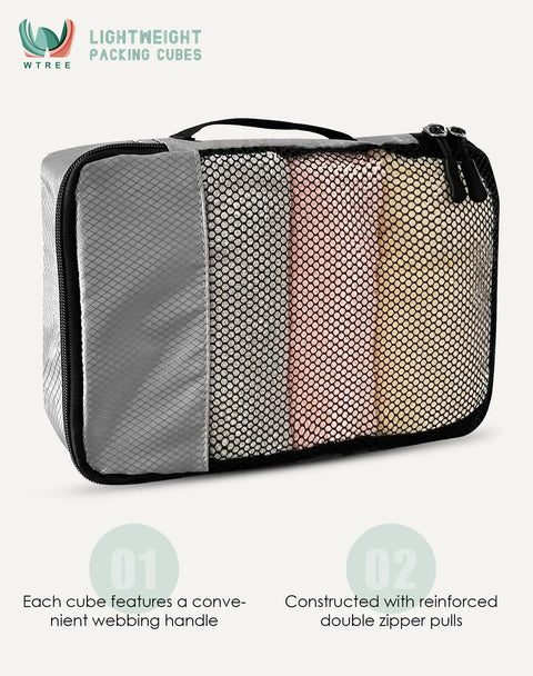 4 Piece Packing Cubes Travel Set For Luggage With Double Zippers And Mesh Top Grey Organizer Bag showing webbing handle.