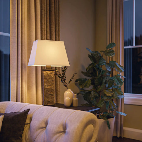 Rustic Slate Table Lamp With Real Slate Column, 29 Inch Tall Farmhouse Vibe, lit in a cozy living room setting, next to sofa
